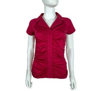 Ann Taylor Ruched Front Collared V-Neck Fitted Wine Colored Blouse